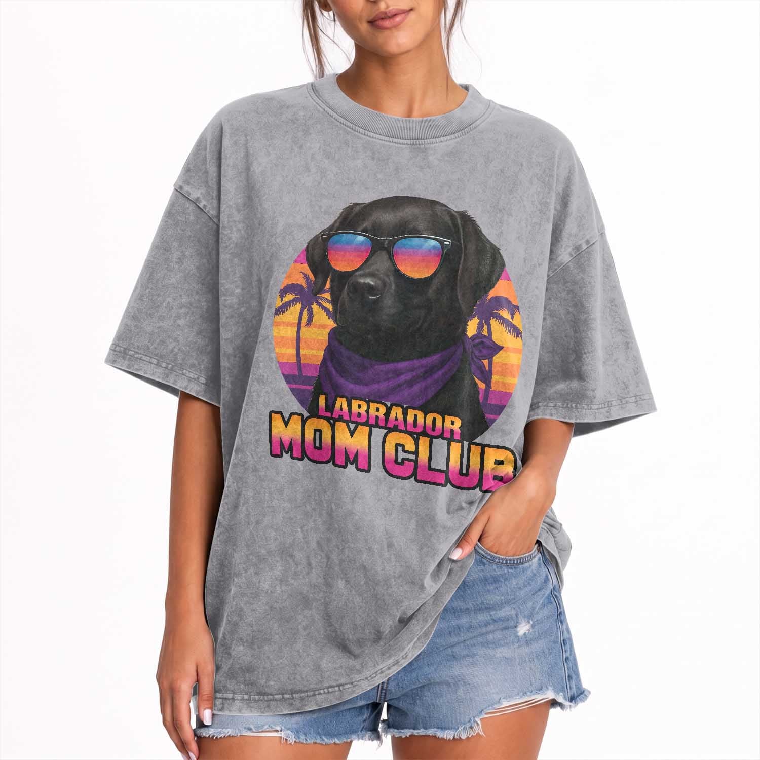 Funny Black Labrador Washed Cotton T-Shirt Dog Mom Retro Sunset Gift