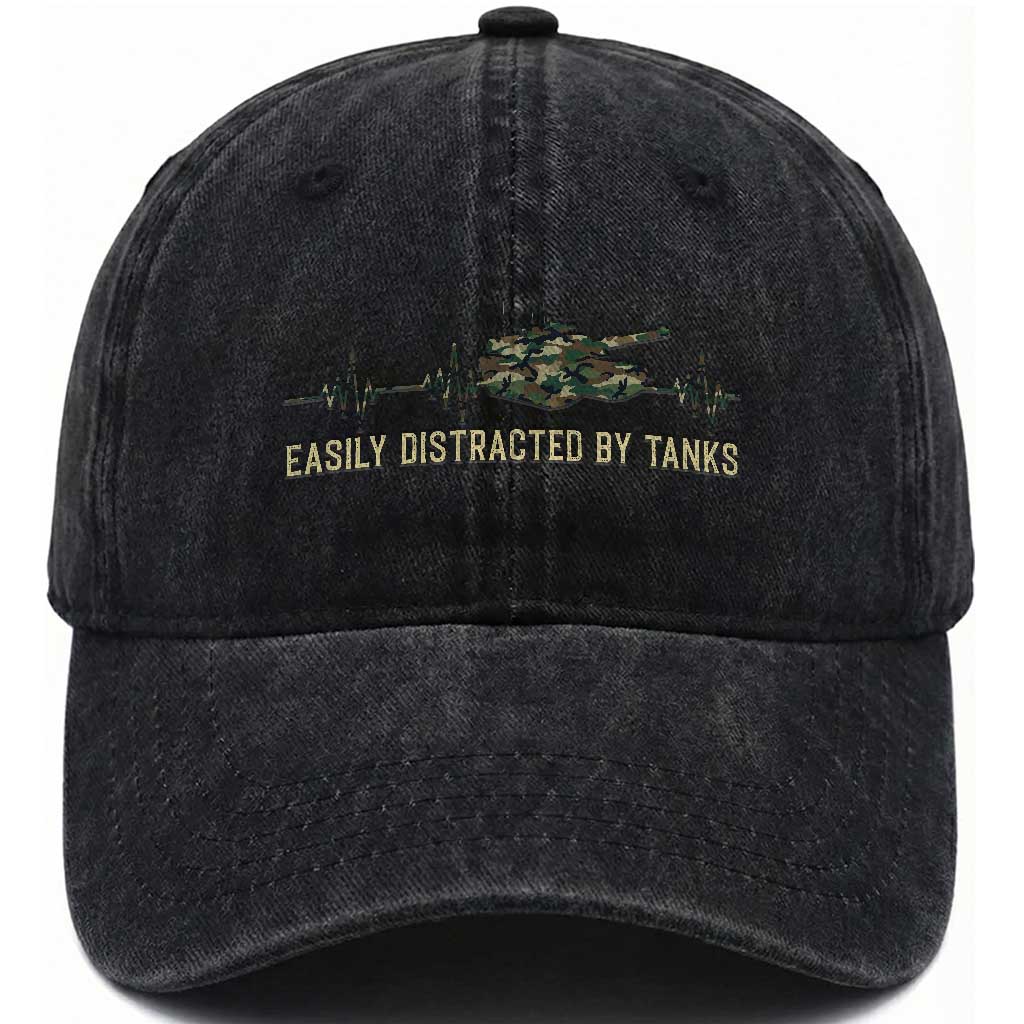 Military Tank Camo Heartbeat Washed Cotton Baseball Cap Easily Distracted By Tanks Proud US Military