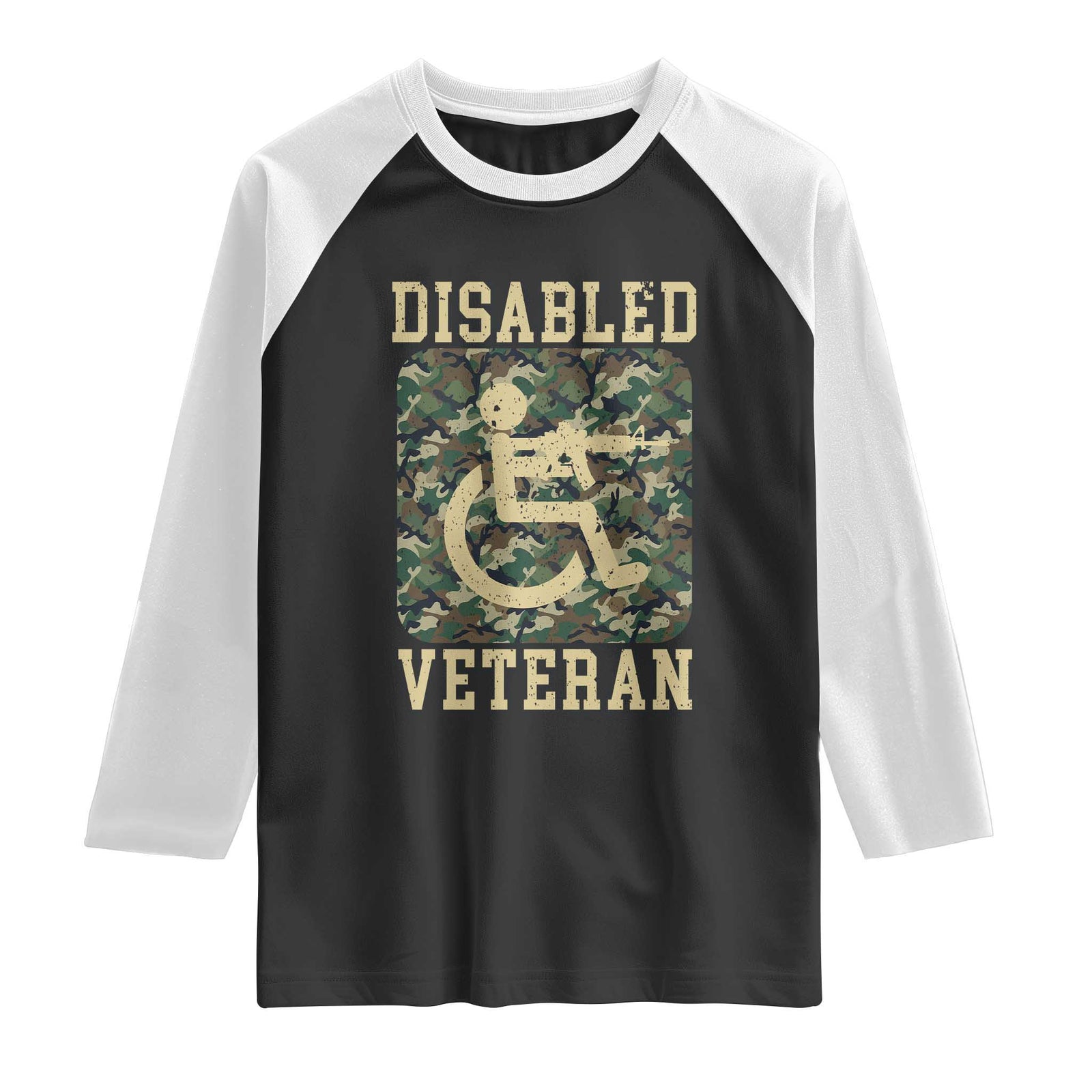 Disabled Veteran Military Soldier Raglan Shirt Camo Wheelchair Armed Forces USA Patriotic