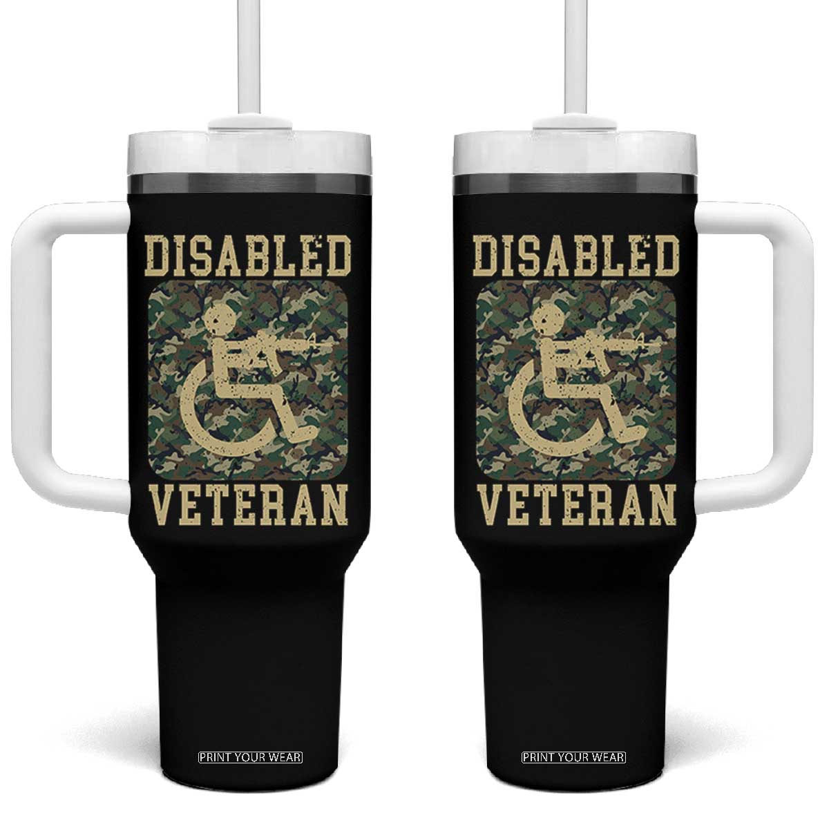 Disabled Veteran Military Soldier Tumbler With Handle Camo Wheelchair Armed Forces USA Patriotic