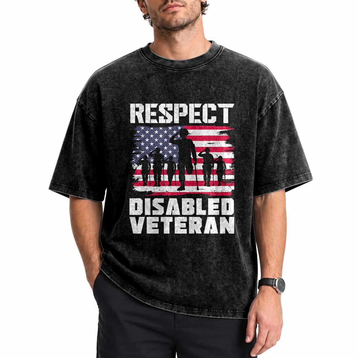 Respect Disabled Veteran Washed Cotton T-Shirt War Heroes Vintage American Flag