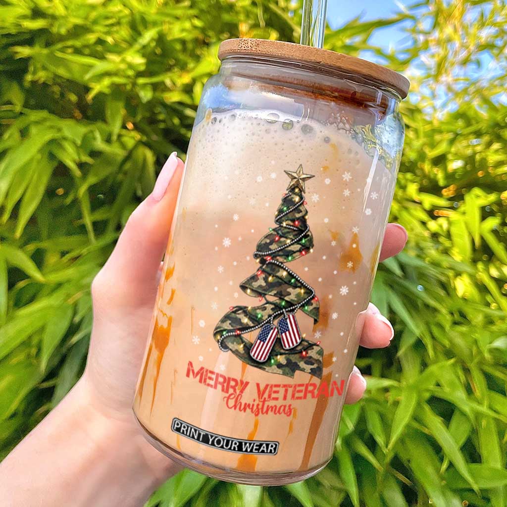 Merry Veteran Christmas Military Glass Can Camo Tree US Flag Xmas