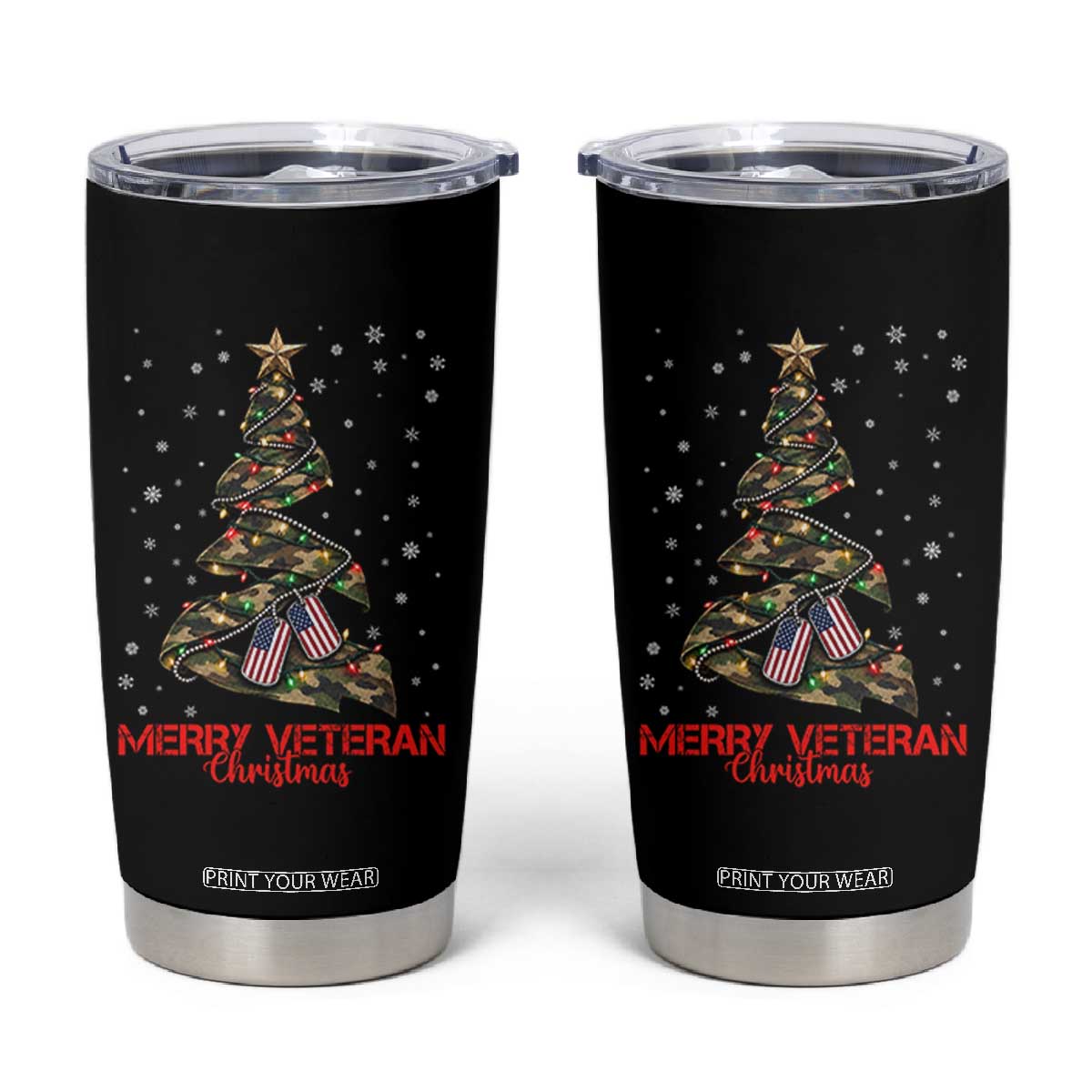 Merry Veteran Christmas Military Tumbler Cup Camo Tree US Flag Xmas