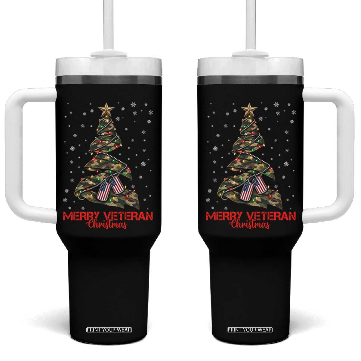 Merry Veteran Christmas Military Tumbler With Handle Camo Tree US Flag Xmas