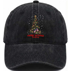 Merry Veteran Christmas Military Washed Cotton Baseball Cap Camo Tree US Flag Xmas