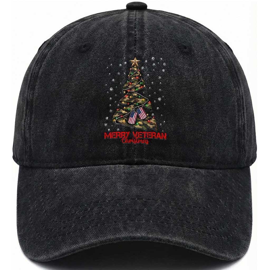 Merry Veteran Christmas Military Washed Cotton Baseball Cap Camo Tree US Flag Xmas