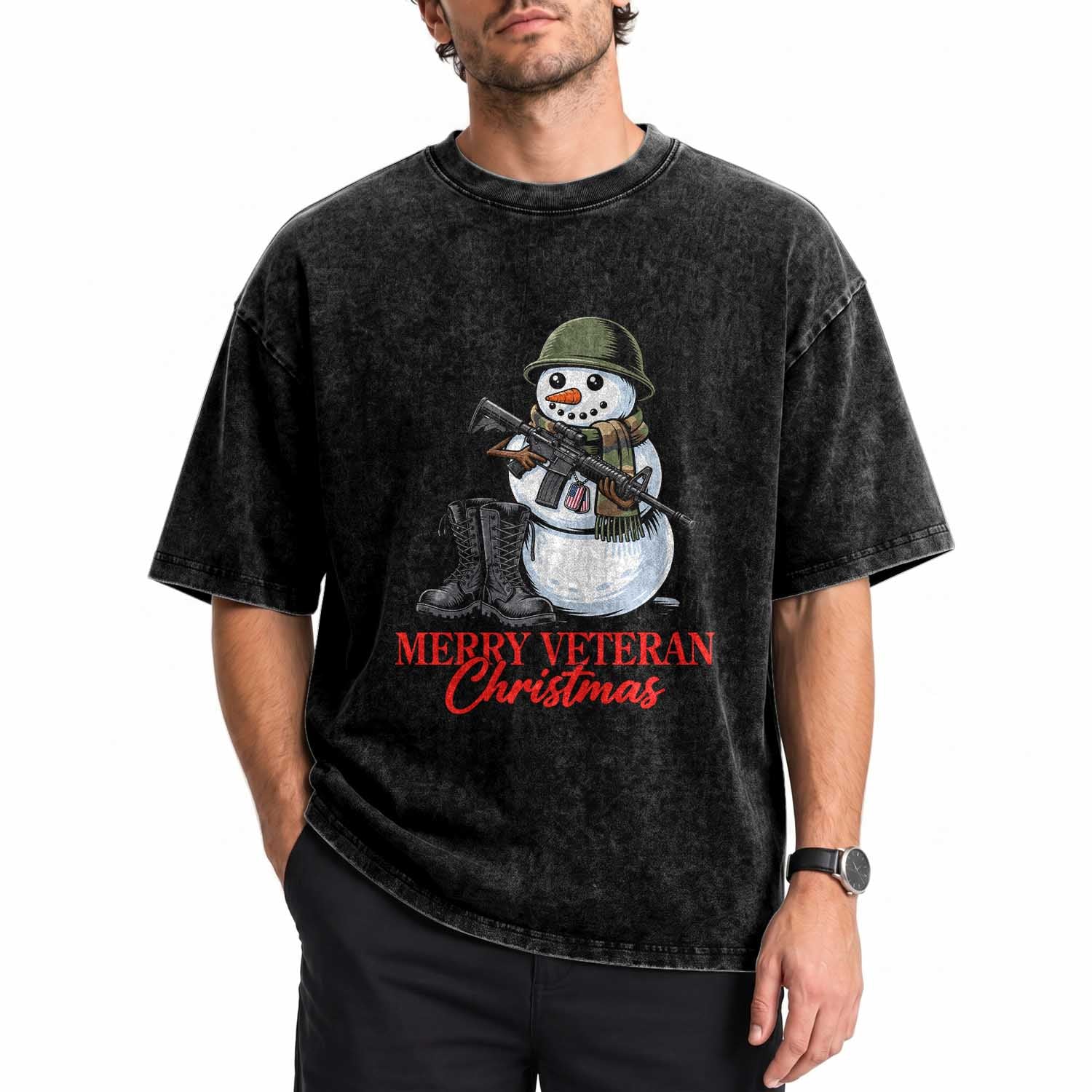 Merry Veteran Christmas Washed Cotton T-Shirt Military Snowman Holiday Gift