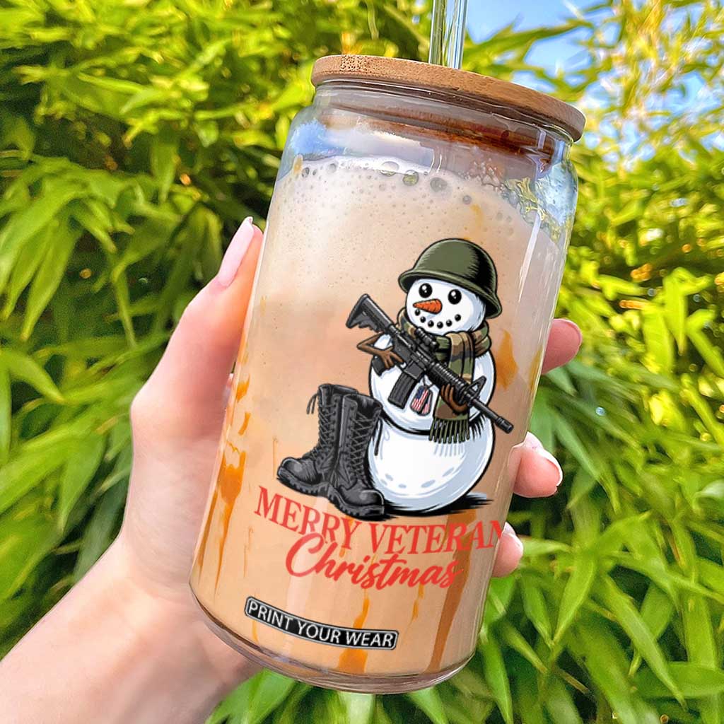 Merry Veteran Christmas Glass Can Military Snowman Holiday Gift