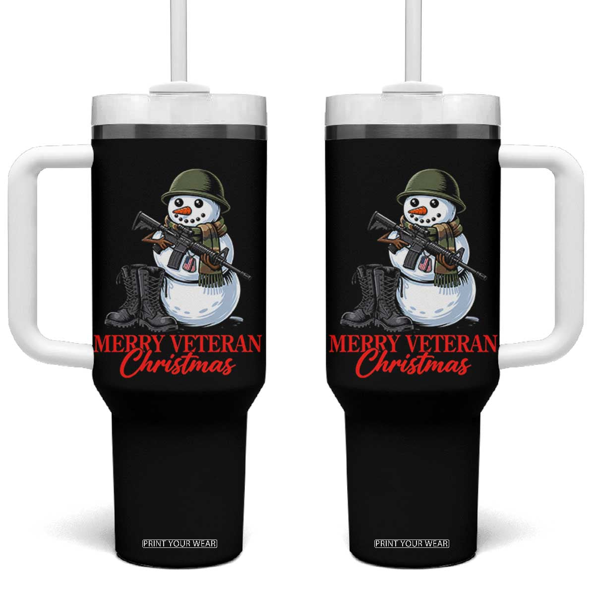 Merry Veteran Christmas Tumbler With Handle Military Snowman Holiday Gift
