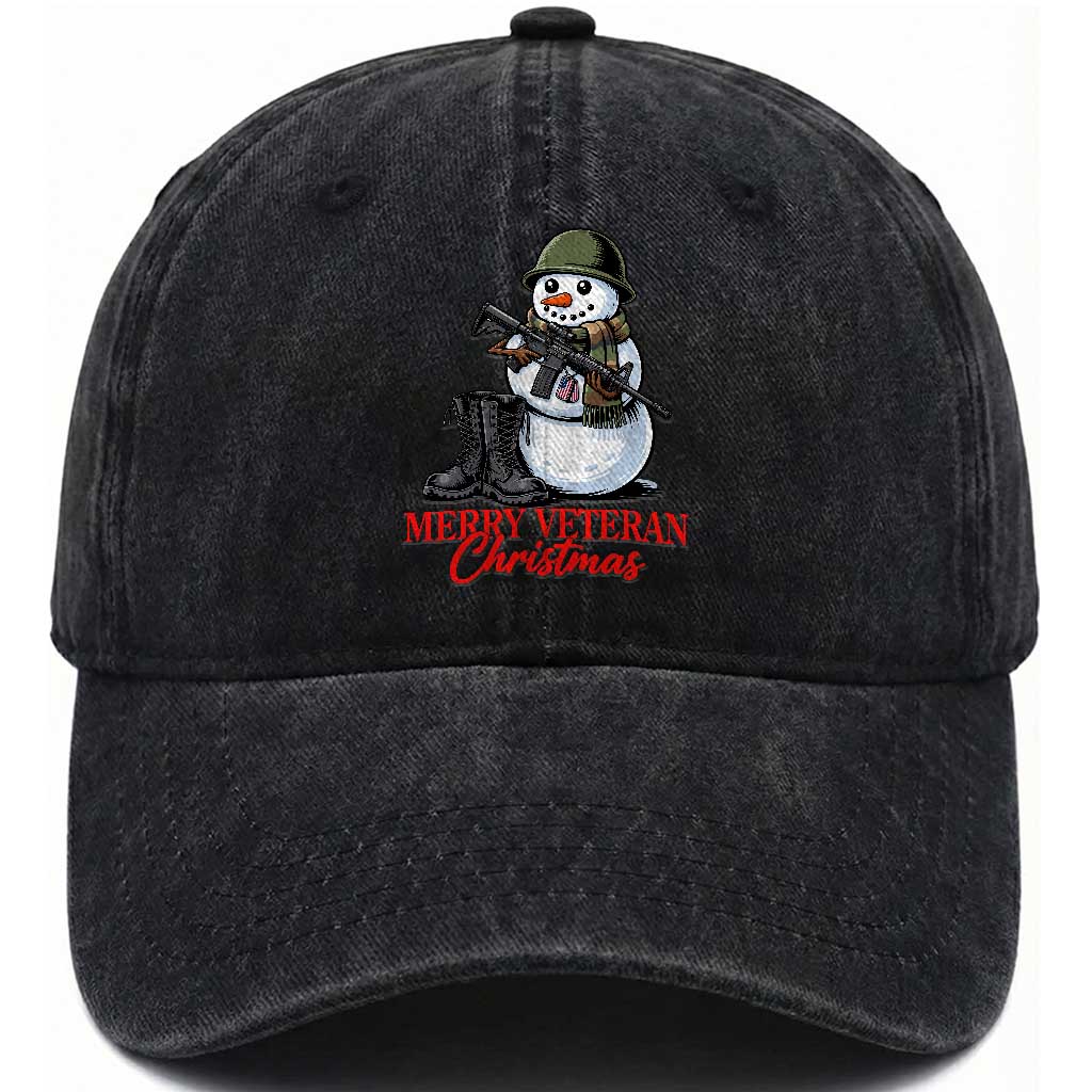 Merry Veteran Christmas Washed Cotton Baseball Cap Military Snowman Holiday Gift