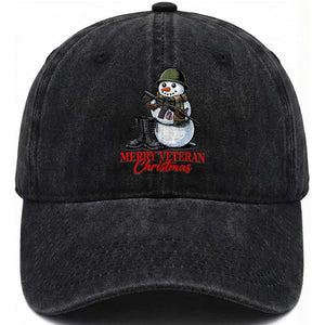 Merry Veteran Christmas Washed Cotton Baseball Cap Military Snowman Holiday Gift