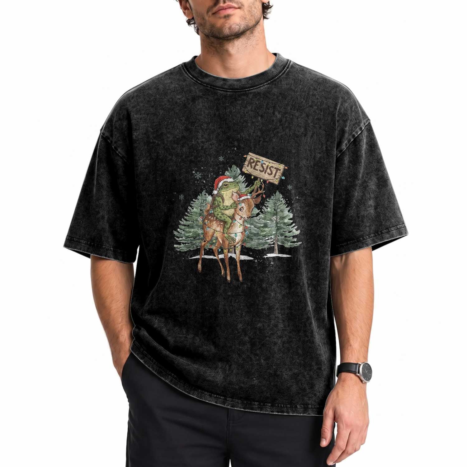 Resist Portland Frog Protest Christmas Washed Cotton T-Shirt Funny Holiday Meme Gift Idea