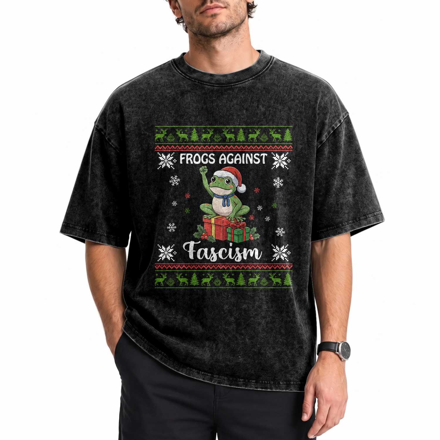 Frogs Against Fascism Ugly Sweater Washed Cotton T-Shirt Funny Portland Christmas Frog Gift