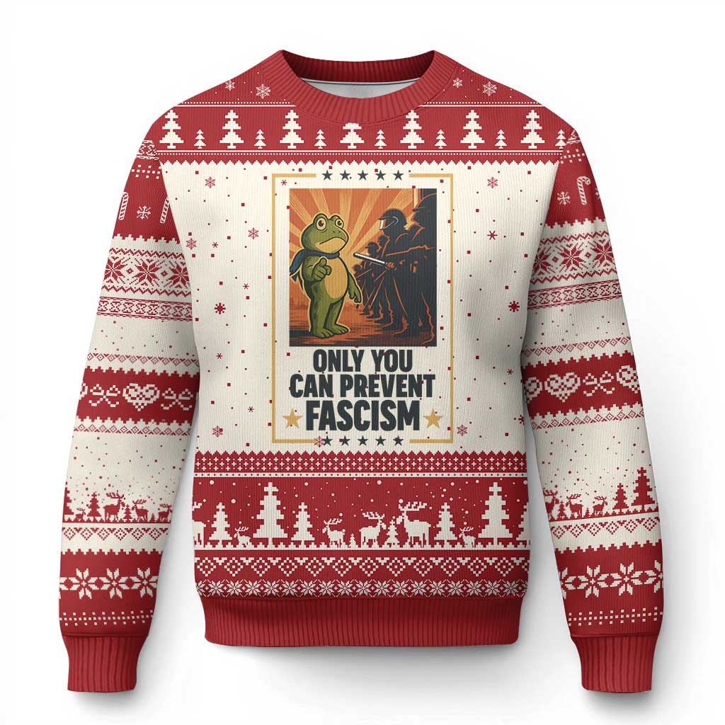Funny Portland Frog Protest Ugly Christmas Sweater Only You Can Prevent Fascism Gift TS12 Beige Red Print Your Wear