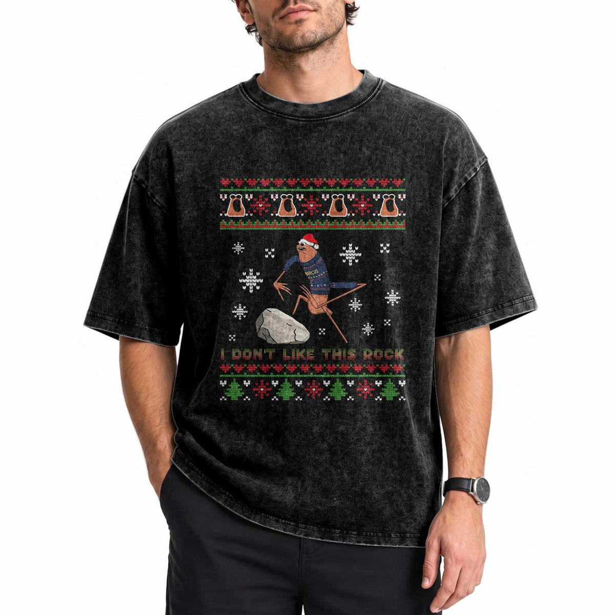 Funny Marcus The Worm Meme Washed Cotton T-Shirt I Do Not Like This Rock Ugly Christmas Gift