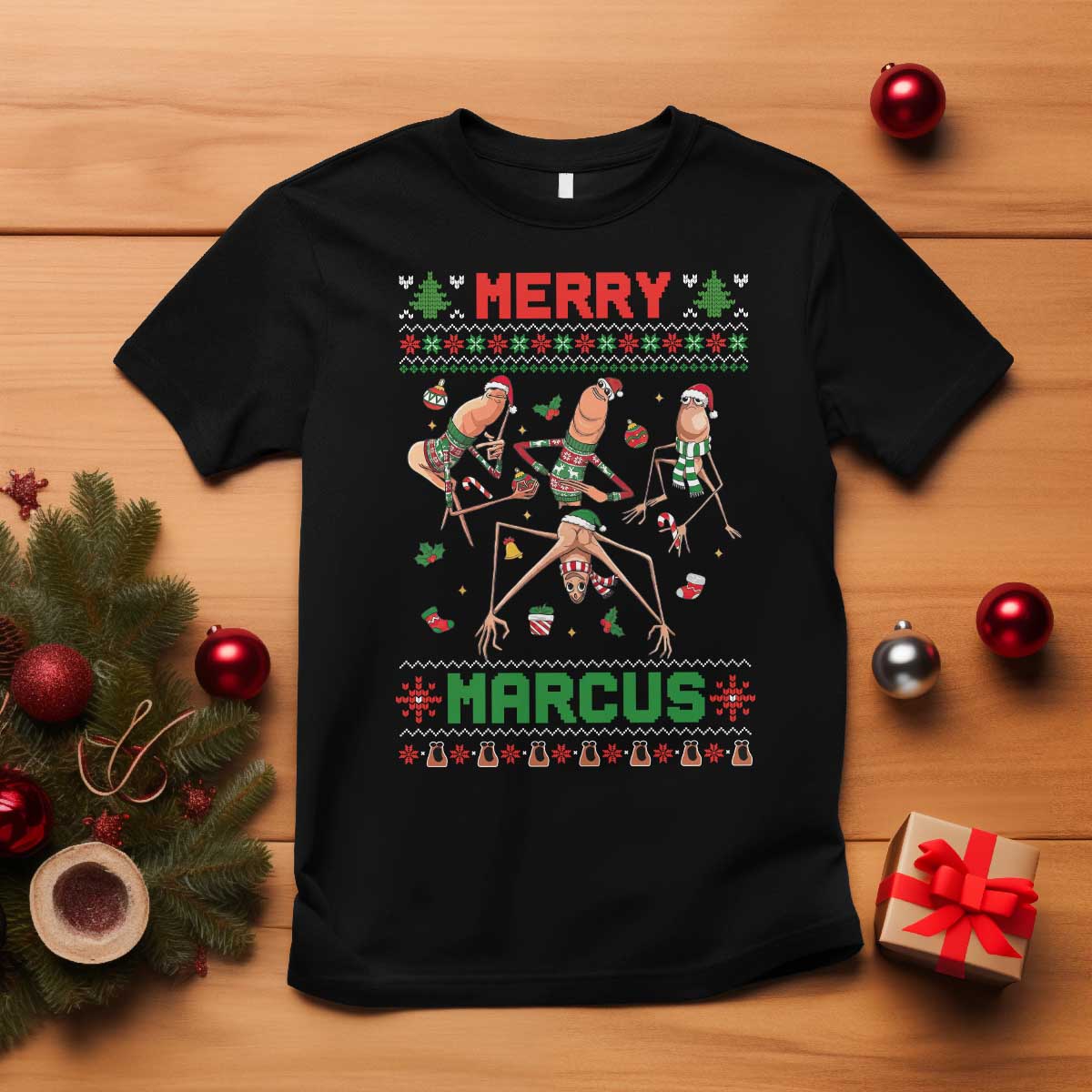 Funny Merry Marcus T Shirt Ugly Christmas Marcus The Worm Meme Gift TS12 Black Print Your Wear