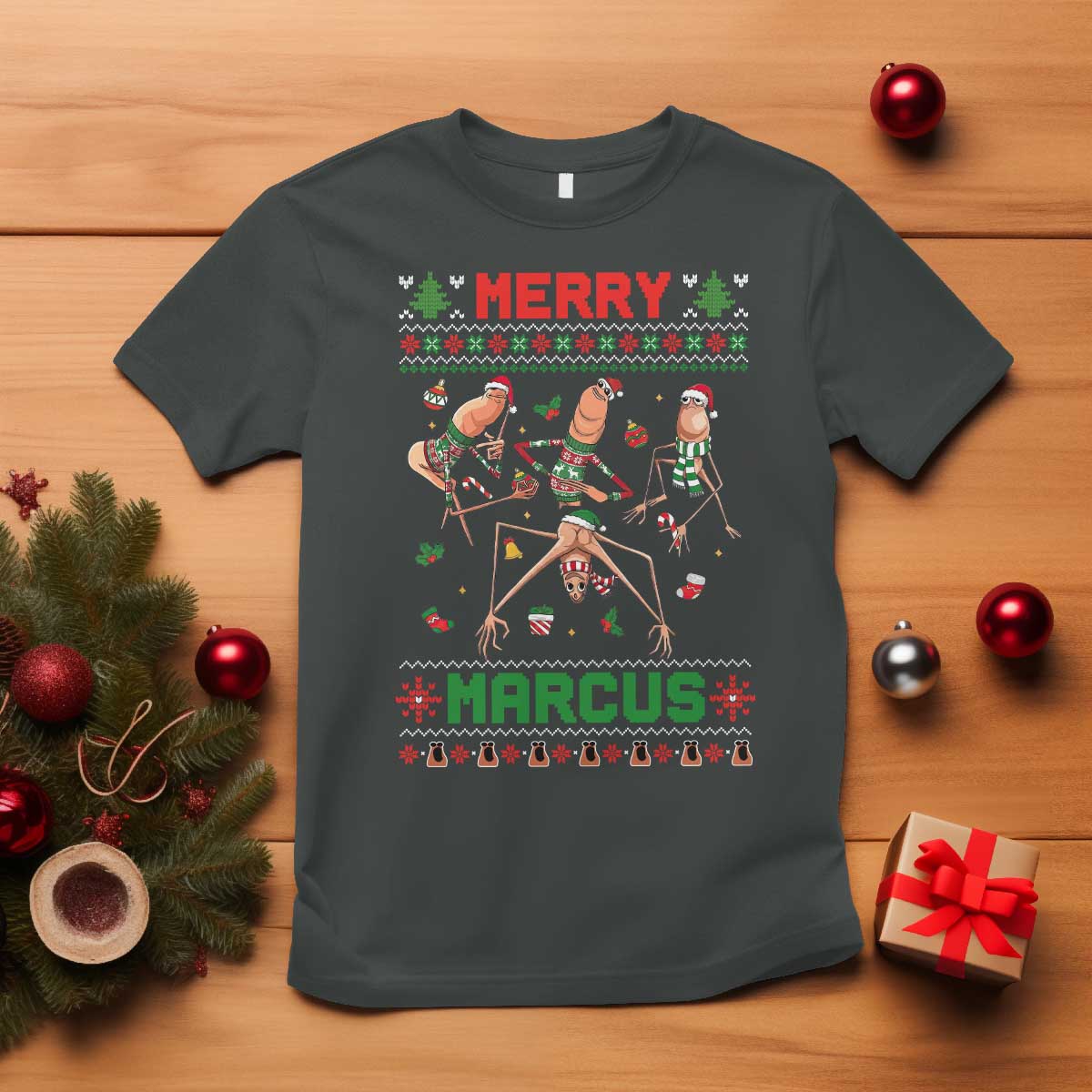 Funny Merry Marcus T Shirt Ugly Christmas Marcus The Worm Meme Gift TS12 Dark Heather Print Your Wear