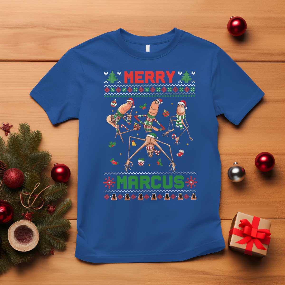 Funny Merry Marcus T Shirt Ugly Christmas Marcus The Worm Meme Gift TS12 Royal Blue Print Your Wear
