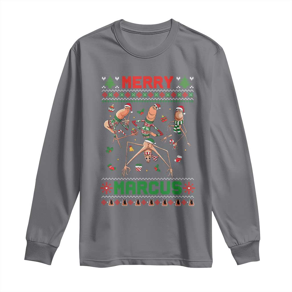 Funny Merry Marcus Long Sleeve Shirt Ugly Christmas Marcus The Worm Meme Gift TS12 Charcoal Print Your Wear