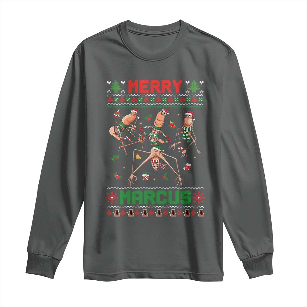 Funny Merry Marcus Long Sleeve Shirt Ugly Christmas Marcus The Worm Meme Gift TS12 Dark Heather Print Your Wear
