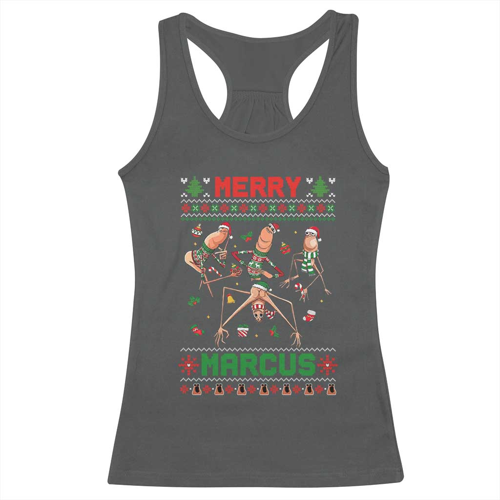 Funny Merry Marcus Racerback Tank Top Ugly Christmas Marcus The Worm Meme Gift TS12 Dark Heather Print Your Wear