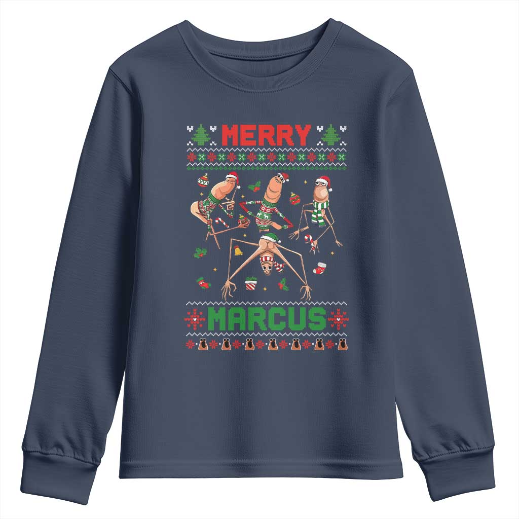 Funny Merry Marcus Youth Sweatshirt Ugly Christmas Marcus The Worm Meme Gift TS12 Navy Print Your Wear
