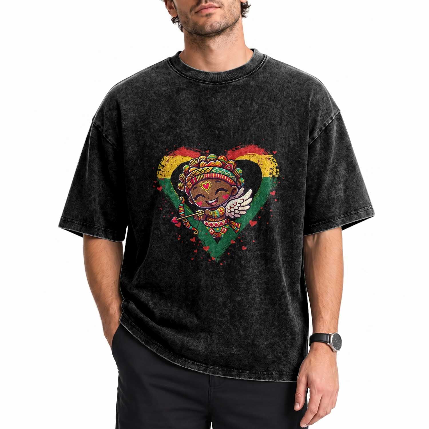 Cute Black Cupid Washed Cotton T-Shirt Melanin Pride Valentines Day Gift