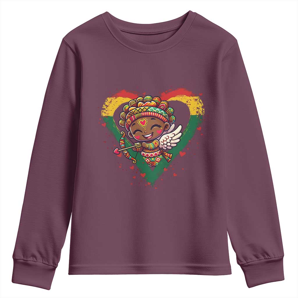 Cute Black Cupid Youth Sweatshirt Melanin Pride Valentines Day Gift TS12 Maroon Print Your Wear