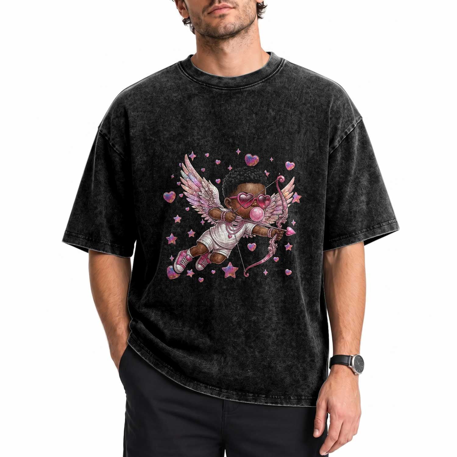 Cute Black Cupid Washed Cotton T-Shirt African American Valentines Day Gift