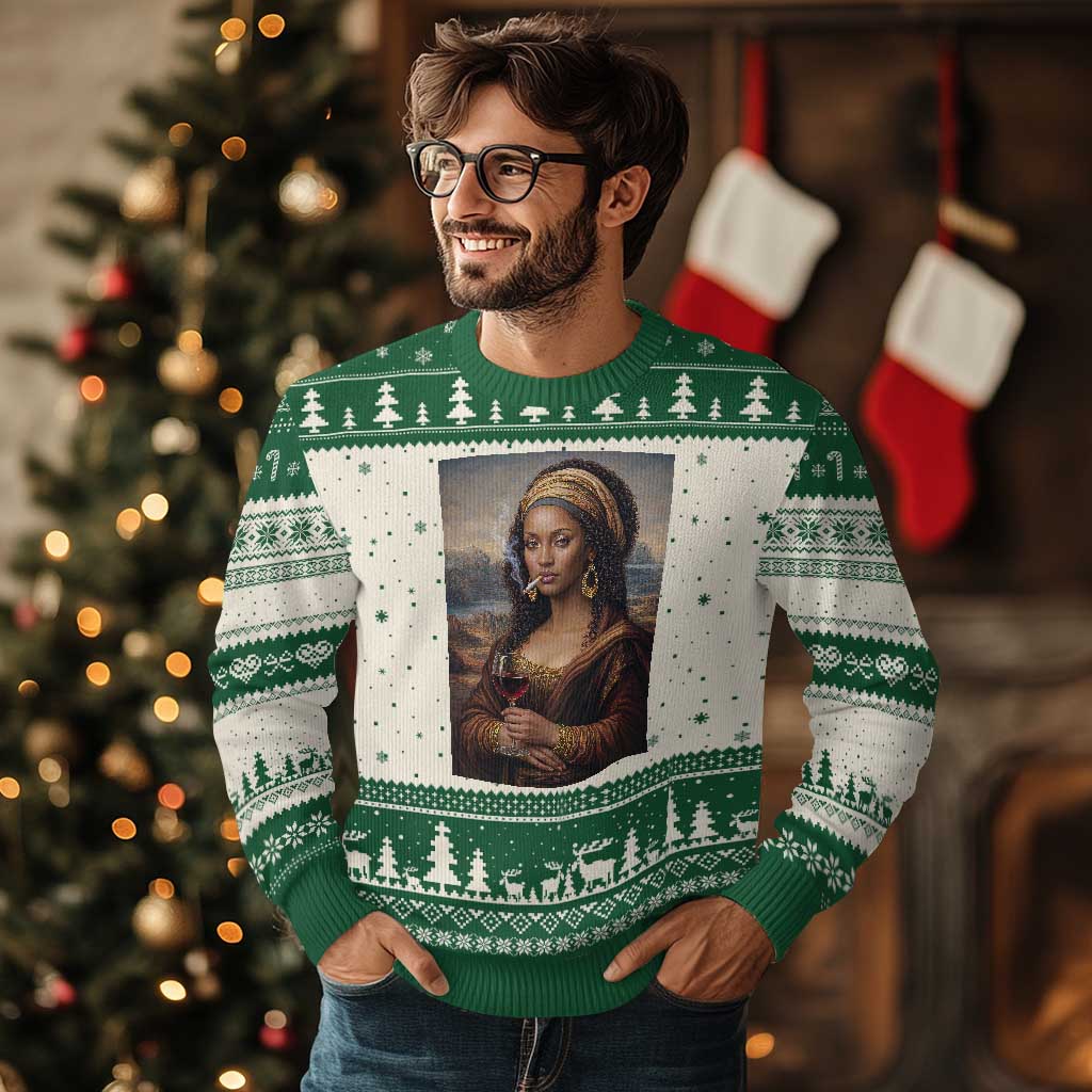 Funny Black Mona Lisa Ugly Christmas Sweater Melanin Queen Black History Month TS12 Beige Green Print Your Wear