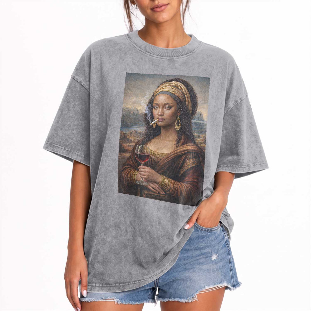 Funny Black Mona Lisa Washed Cotton T-Shirt Melanin Queen Black History Month