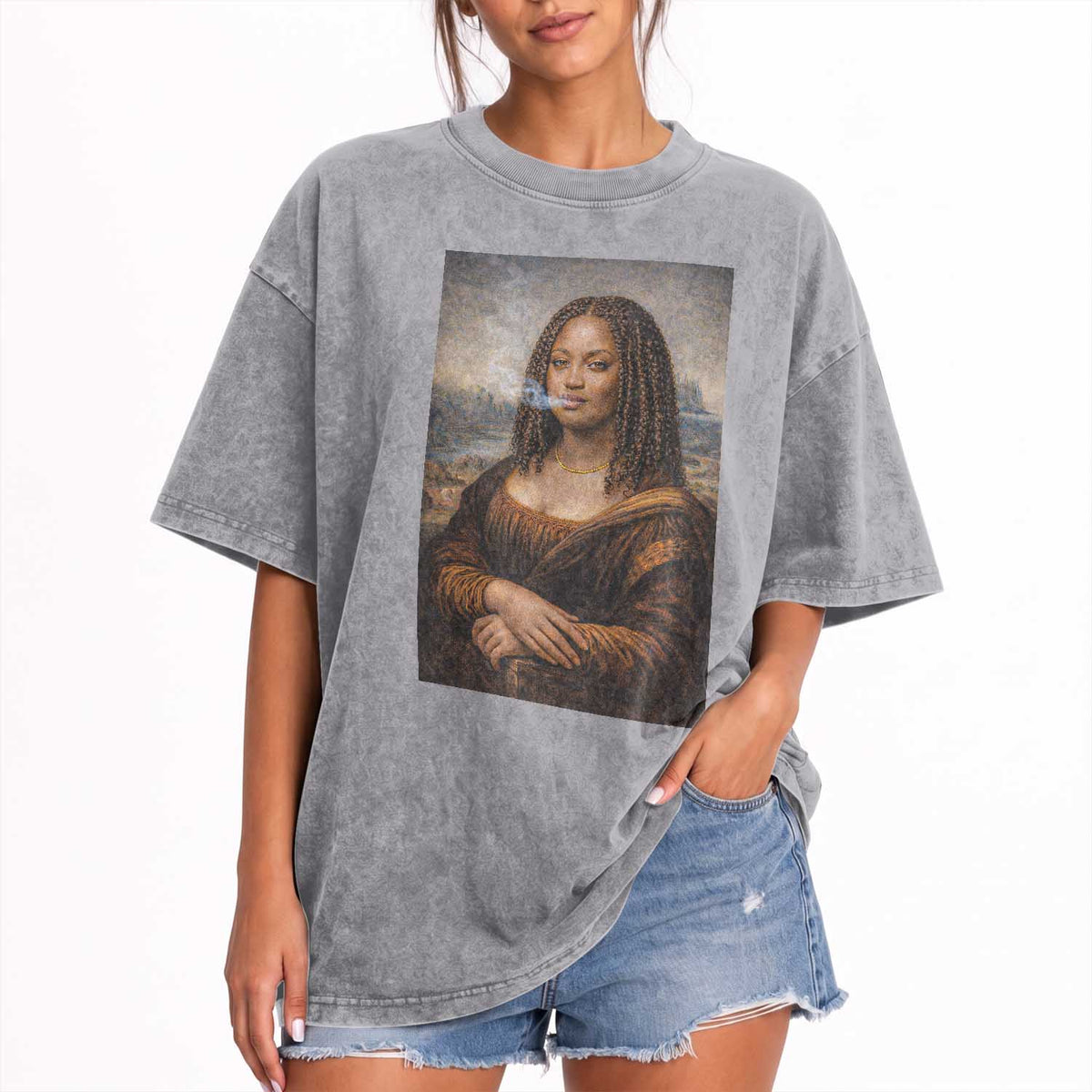Funny Black Mona Lisa Washed Cotton T-Shirt African American Pride