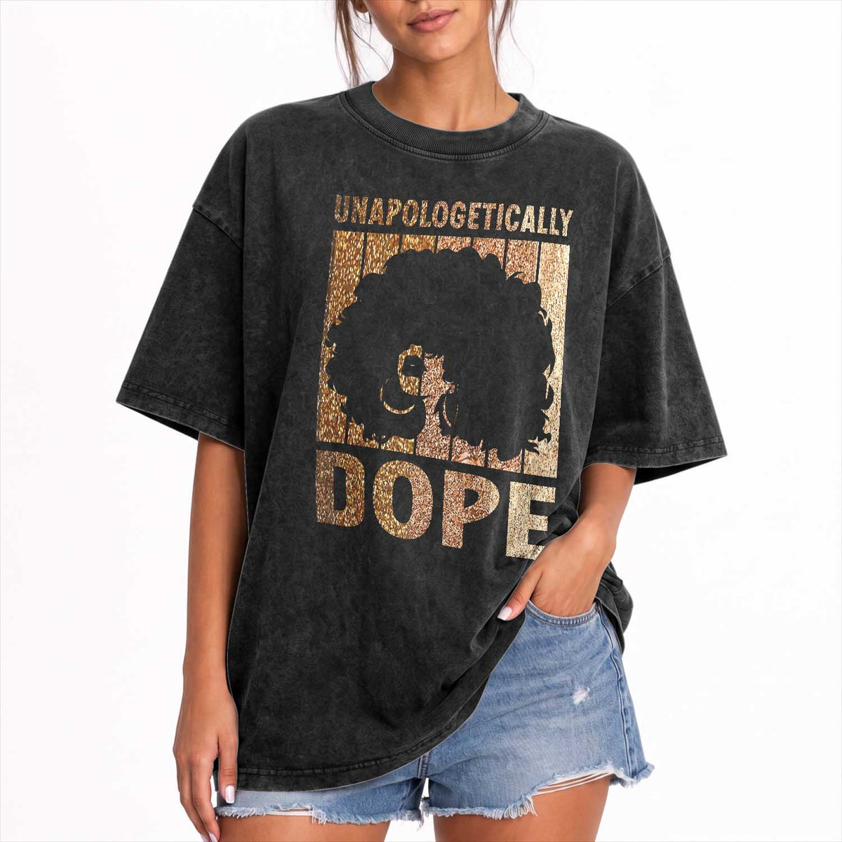 Melanin Queen Glitter Print Washed Cotton T-Shirt Unapologetically Dope
