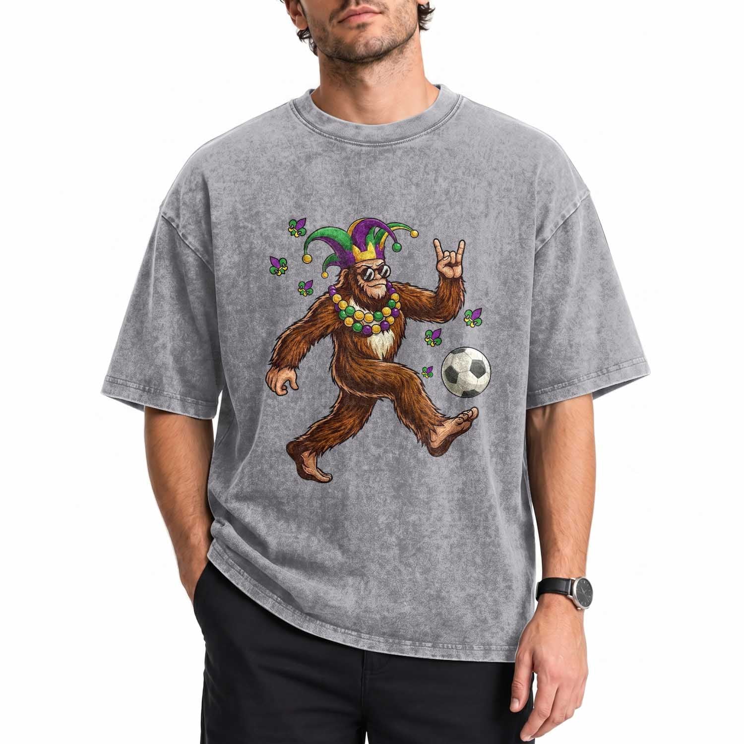 Funny Mardi Gras Bigfoot Playing Soccer Washed Cotton T-Shirt Football Fan Gift