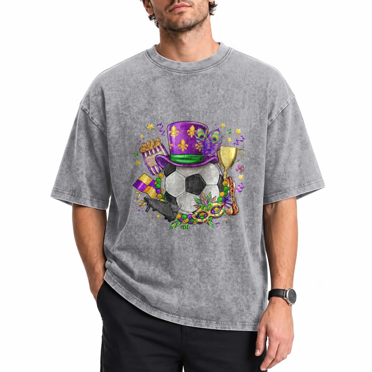 Mardi Gras Soccer Ball Washed Cotton T-Shirt Funny Soccer Player Gift