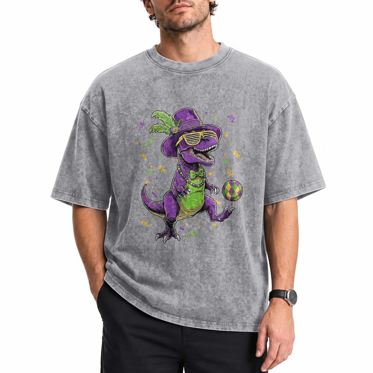 Funny Mardi Gras Dinosaur Playing Soccer Washed Cotton T-Shirt