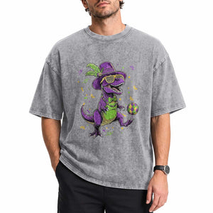 Funny Mardi Gras Dinosaur Playing Soccer Washed Cotton T-Shirt