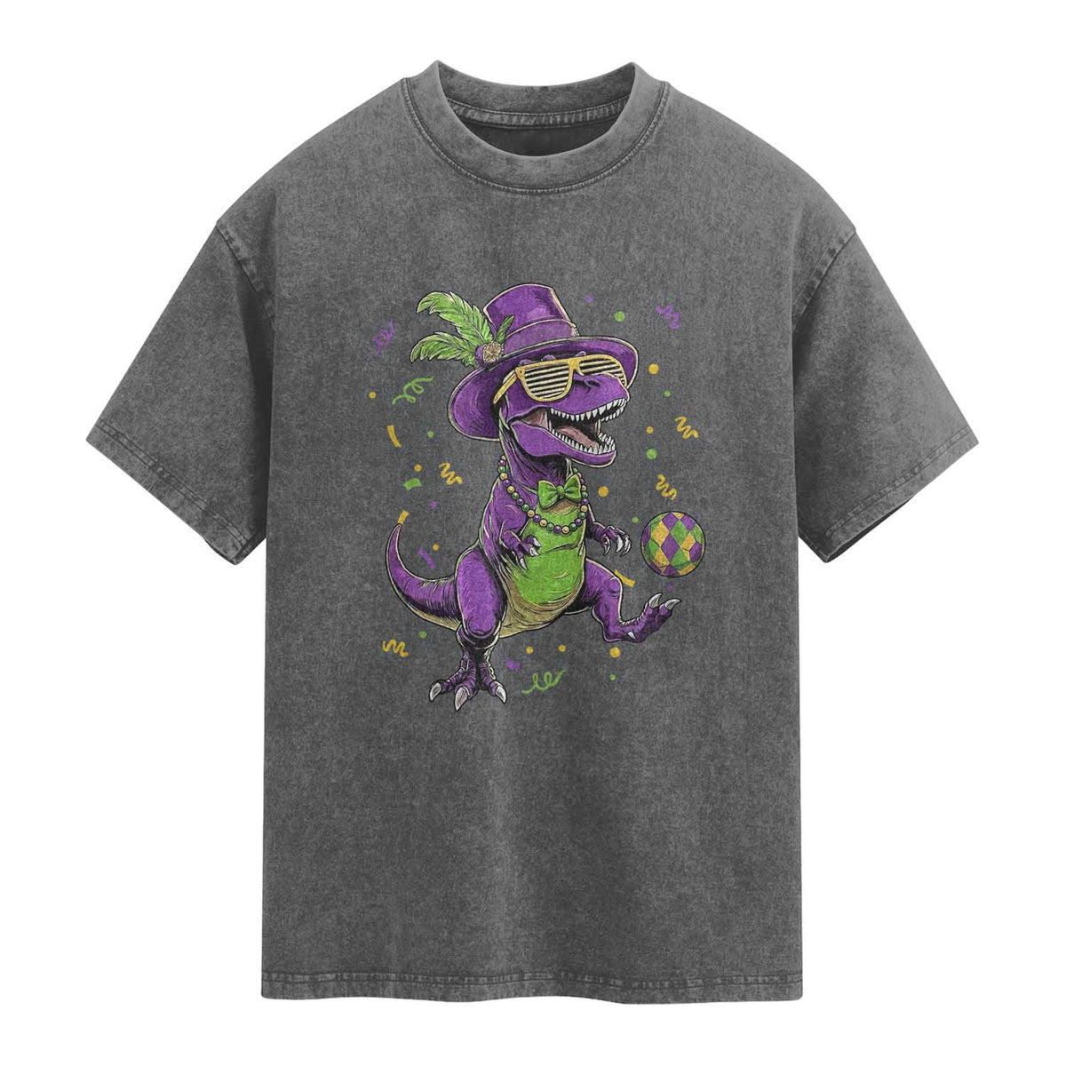 Funny Mardi Gras Dinosaur Playing Soccer Washed Cotton T-Shirt