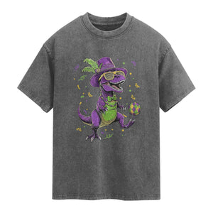 Funny Mardi Gras Dinosaur Playing Soccer Washed Cotton T-Shirt