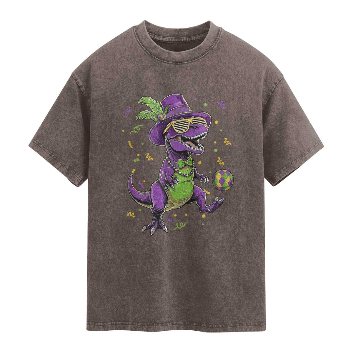 Funny Mardi Gras Dinosaur Playing Soccer Washed Cotton T-Shirt
