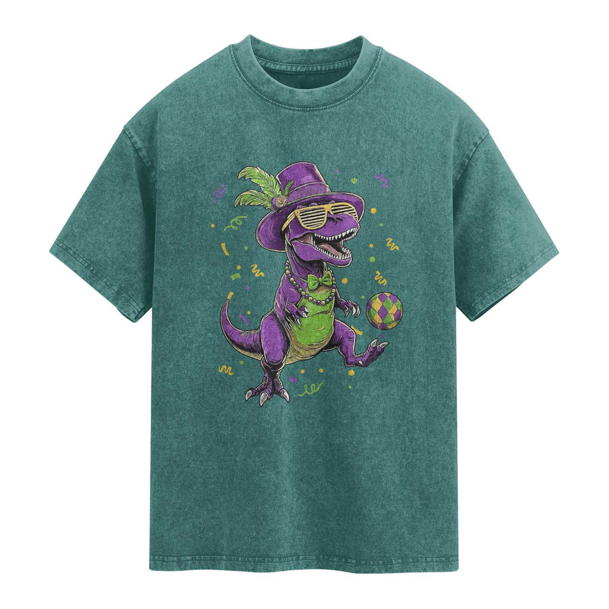 Funny Mardi Gras Dinosaur Playing Soccer Washed Cotton T-Shirt