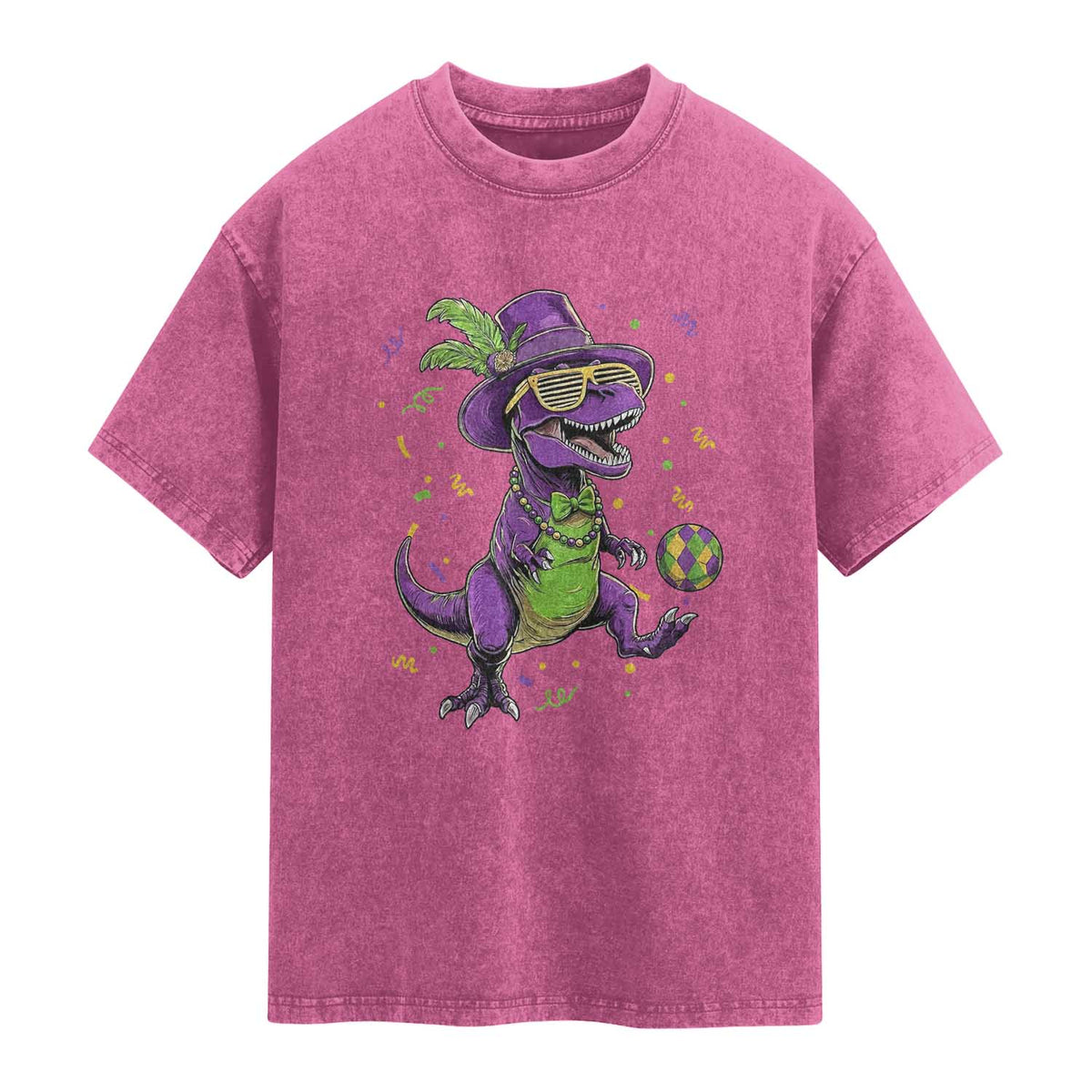 Funny Mardi Gras Dinosaur Playing Soccer Washed Cotton T-Shirt