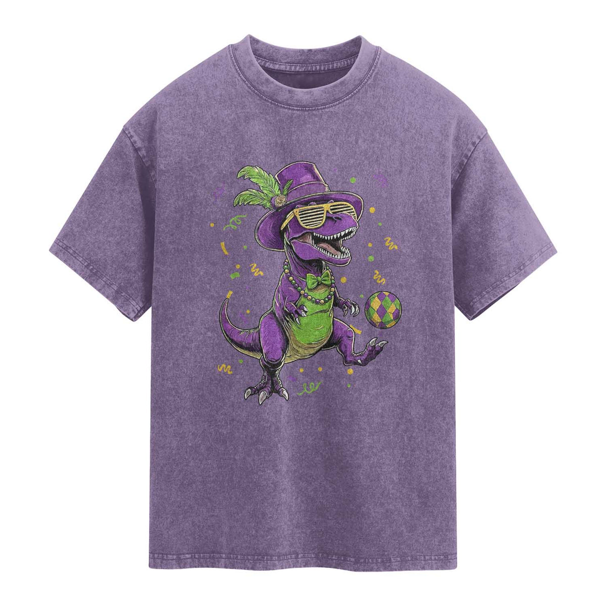 Funny Mardi Gras Dinosaur Playing Soccer Washed Cotton T-Shirt