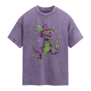 Funny Mardi Gras Dinosaur Playing Soccer Washed Cotton T-Shirt