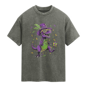 Funny Mardi Gras Dinosaur Playing Soccer Washed Cotton T-Shirt