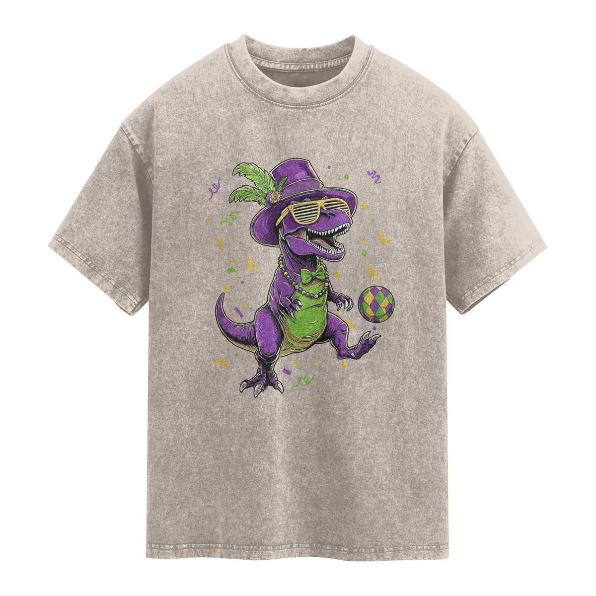 Funny Mardi Gras Dinosaur Playing Soccer Washed Cotton T-Shirt