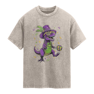 Funny Mardi Gras Dinosaur Playing Soccer Washed Cotton T-Shirt