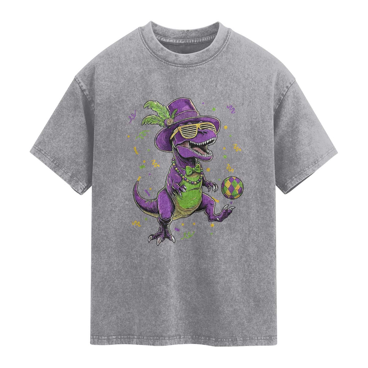 Funny Mardi Gras Dinosaur Playing Soccer Washed Cotton T-Shirt