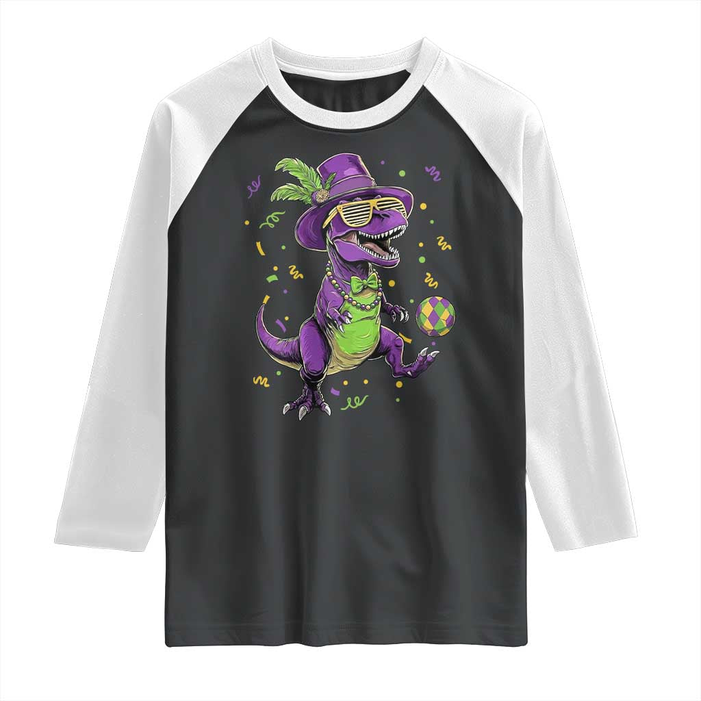 Funny Mardi Gras Dinosaur Playing Soccer Raglan Shirt TS12 Black White Print Your Wear