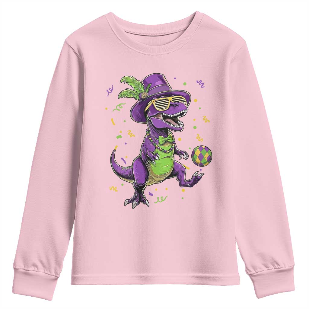 Funny Mardi Gras Dinosaur Playing Soccer Youth Sweatshirt TS12 Light Pink Print Your Wear